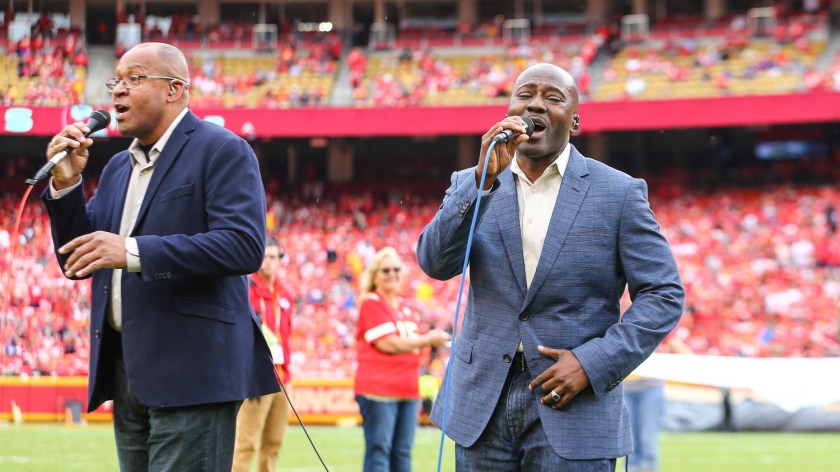 CAMMO singers perform at halftime during the game between the Kansas City Chiefs and the Baltimore Ravens at Arrowhead Stadium on September 22, 2019.