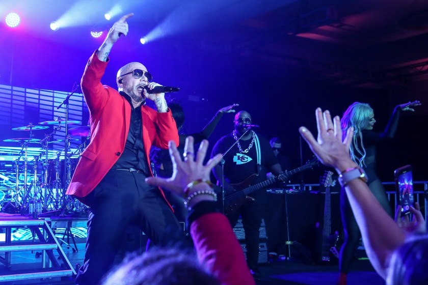 Pitbull performing at the Kansas City Chiefs Super Bowl LIV afterparty in Miami, Florida on February 3, 2021