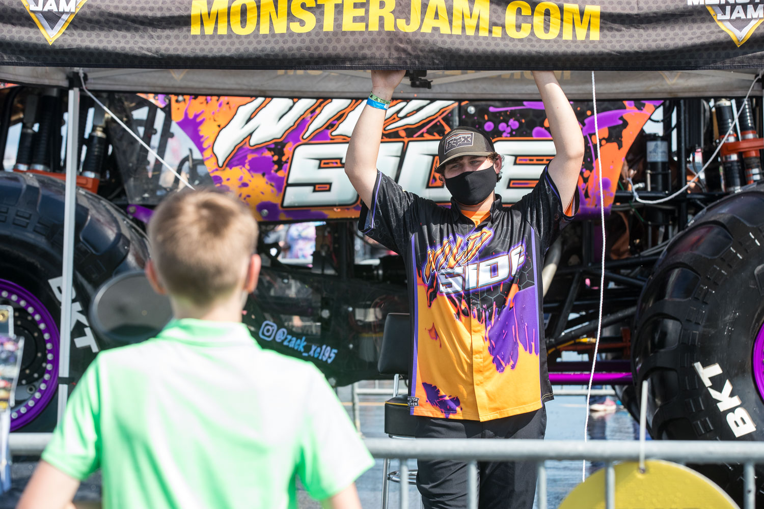 Zack Garner, driver of the Wild Side Wrecking Machine truck participates in a Q&A session with fans during the Monster Jam Pit Party prior to the main event at GEHA Field at Arrowhead on Saturday evening, June 26, 2021.