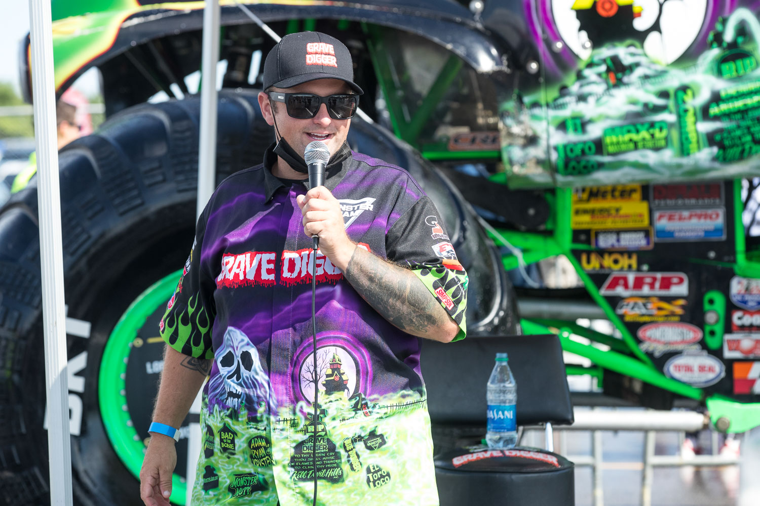 Adam Anderson, driver of the Gravedigger truck participates in a Q&A session during the Monster Jam Pit Party prior to the main event at GEHA Field at Arrowhead on Saturday evening, June 26, 2021.