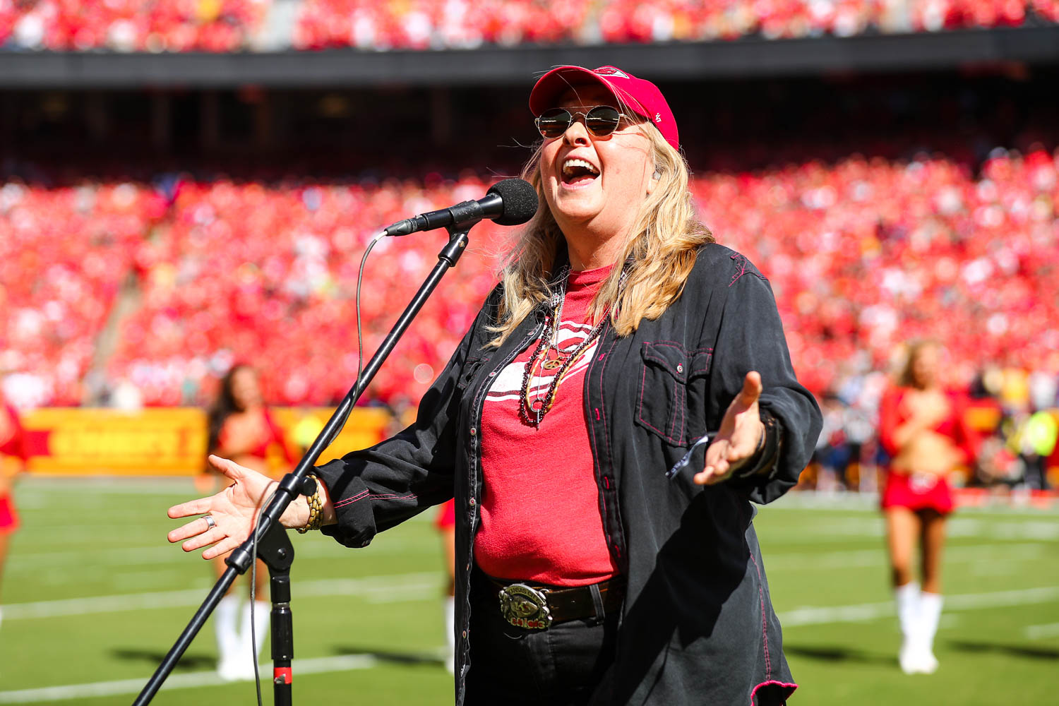 Melissa Etheridge singing the National Anthem prior to an NFL football game against the Los Angeles Chargers, Sunday, September 26, 2021 in Kansas City.