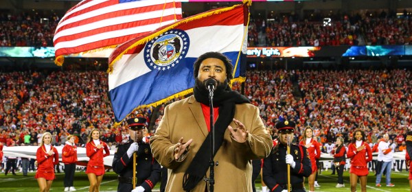 Singer/songwriter Matthew Johnson from The Voice singing the National Anthem prior to an NFL football game against the Denver Broncos, Sunday, December 5, 2021 in Kansas City.