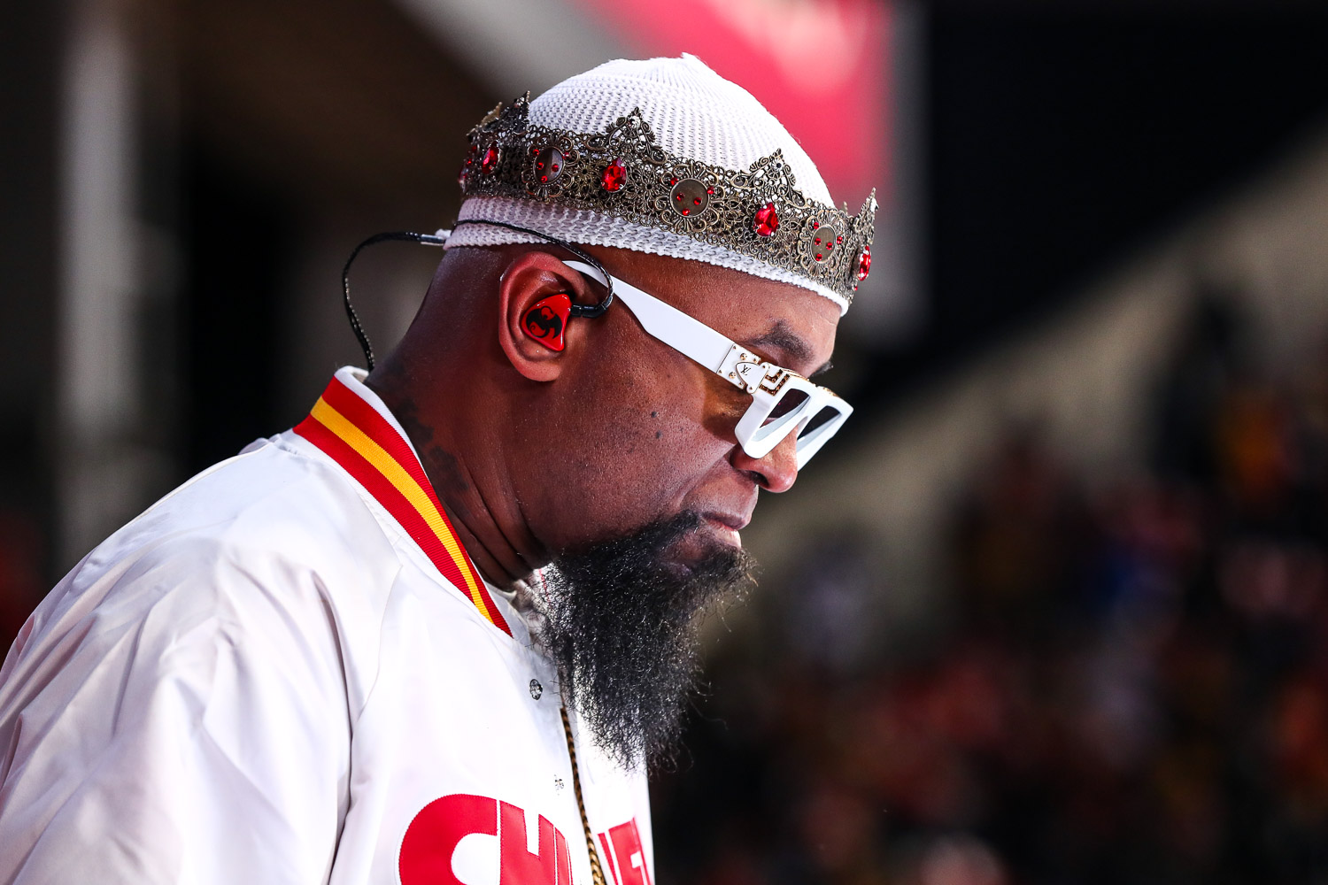 Tech N9ne performing during halftime of the wildcard playoff football game between the Kansas City Chiefs and the Pittsburgh Steelers, Sunday, January 16, 2022 in Kansas City.