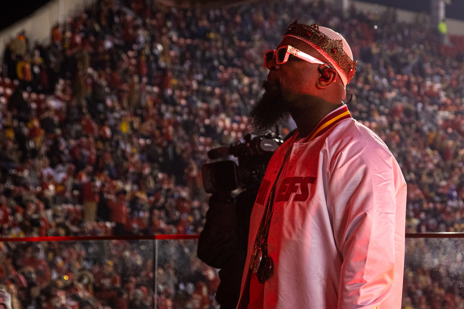 Tech N9ne performing during halftime of the wildcard playoff football game between the Kansas City Chiefs and the Pittsburgh Steelers, Sunday, January 16, 2022 in Kansas City.