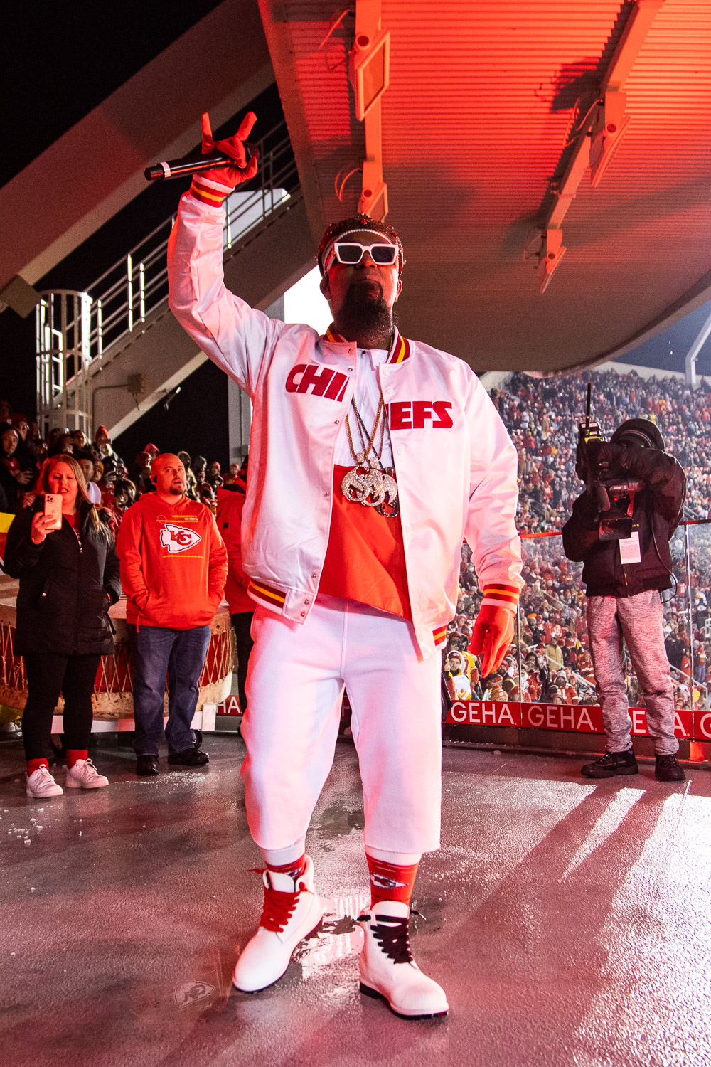 Tech N9ne performing during halftime of the wildcard playoff football game between the Kansas City Chiefs and the Pittsburgh Steelers, Sunday, January 16, 2022 in Kansas City.