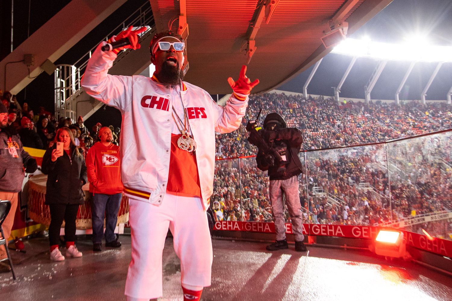 Tech N9ne performing during halftime of the wildcard playoff football game between the Kansas City Chiefs and the Pittsburgh Steelers, Sunday, January 16, 2022 in Kansas City.