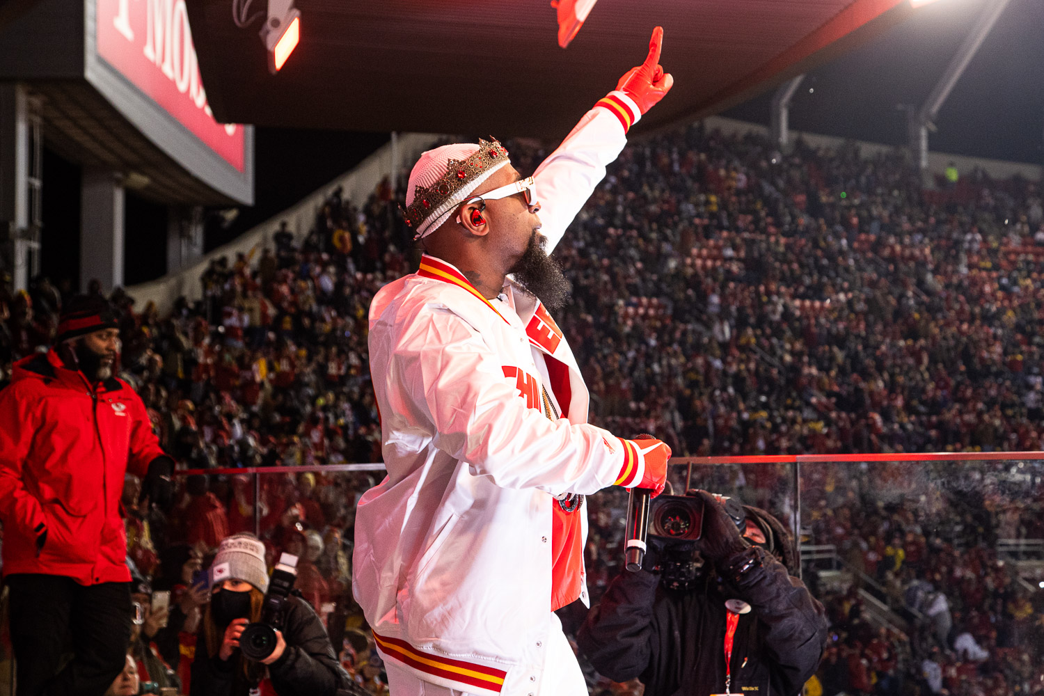 Tech N9ne performing during halftime of the wildcard playoff football game between the Kansas City Chiefs and the Pittsburgh Steelers, Sunday, January 16, 2022 in Kansas City.