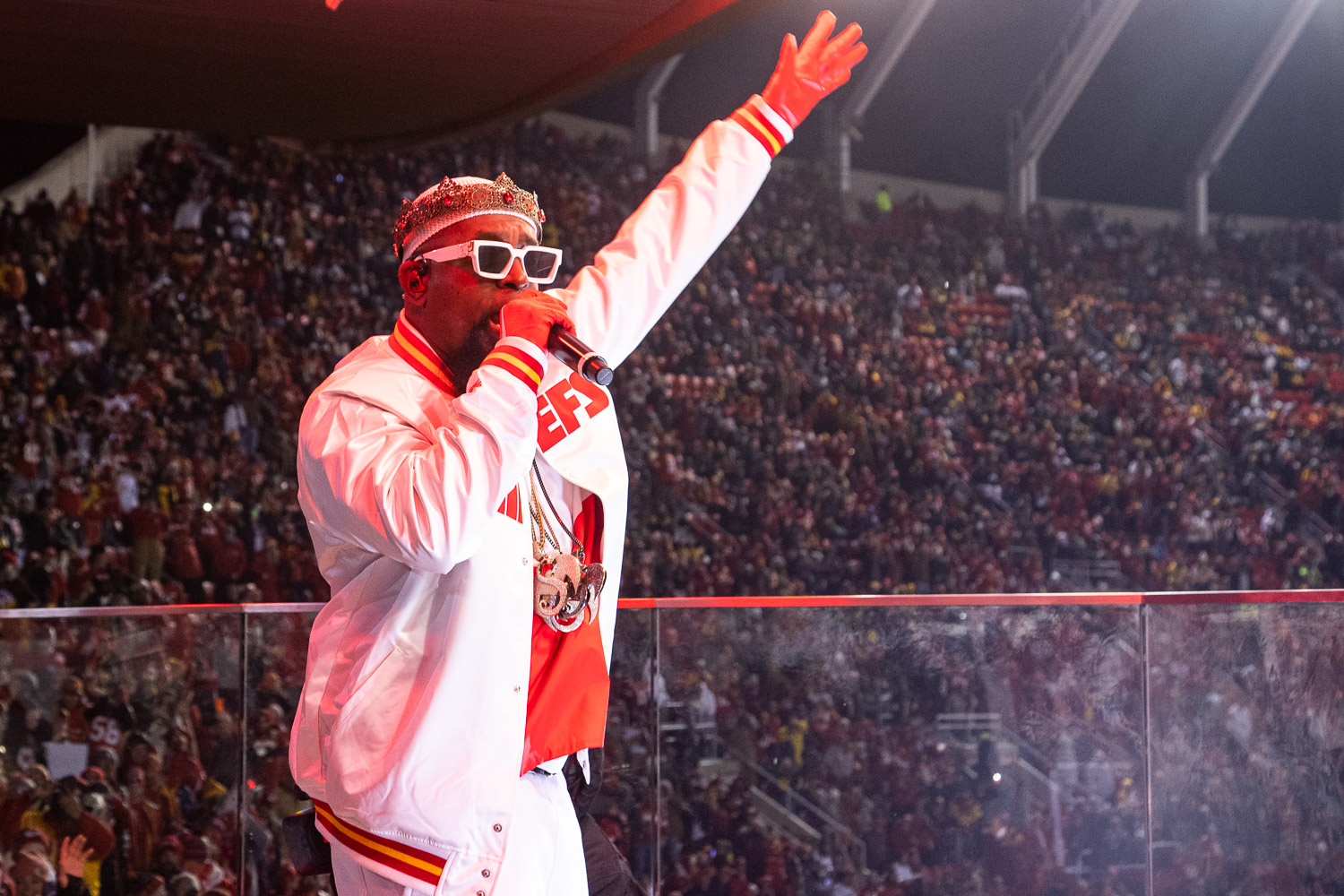 Tech N9ne performing during halftime of the wildcard playoff football game between the Kansas City Chiefs and the Pittsburgh Steelers, Sunday, January 16, 2022 in Kansas City.