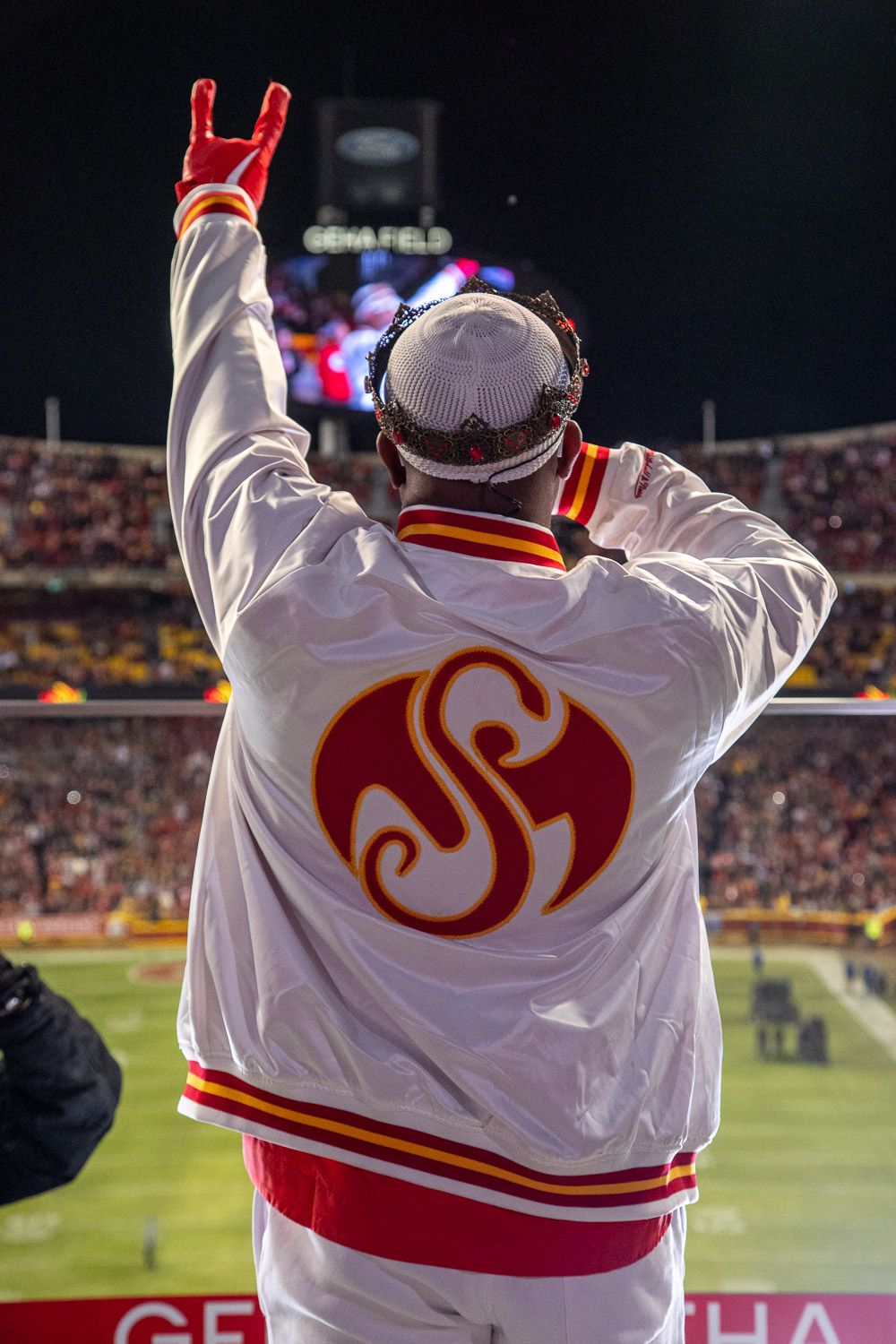 Tech N9ne performing during halftime of the wildcard playoff football game between the Kansas City Chiefs and the Pittsburgh Steelers, Sunday, January 16, 2022 in Kansas City.