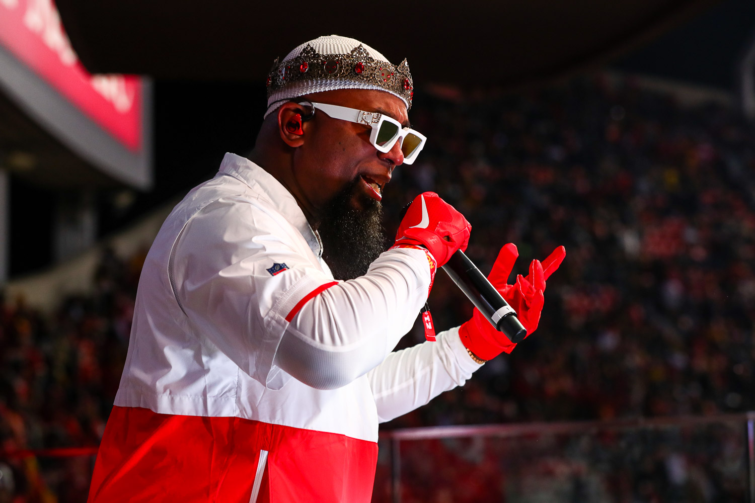 Tech N9ne performing during halftime of the wildcard playoff football game between the Kansas City Chiefs and the Pittsburgh Steelers, Sunday, January 16, 2022 in Kansas City.