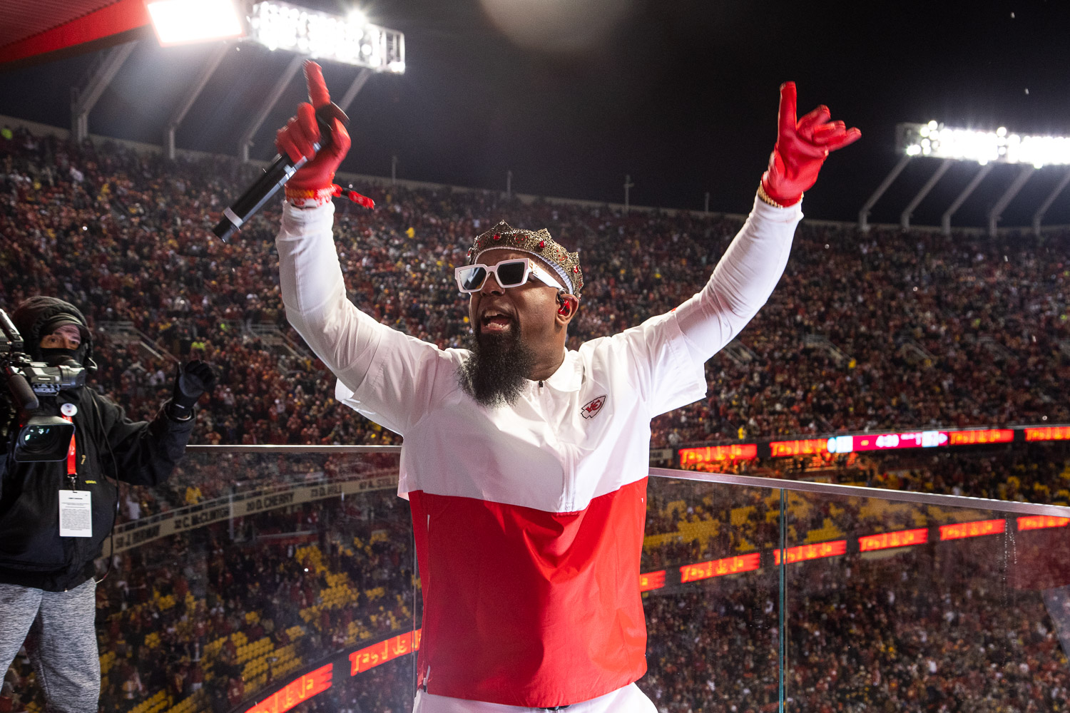 Tech N9ne performing during halftime of the wildcard playoff football game between the Kansas City Chiefs and the Pittsburgh Steelers, Sunday, January 16, 2022 in Kansas City.