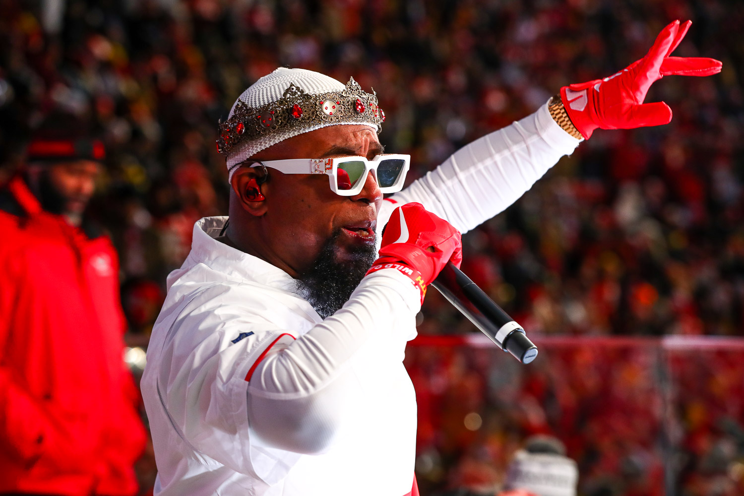 Tech N9ne performing during halftime of the wildcard playoff football game between the Kansas City Chiefs and the Pittsburgh Steelers, Sunday, January 16, 2022 in Kansas City.