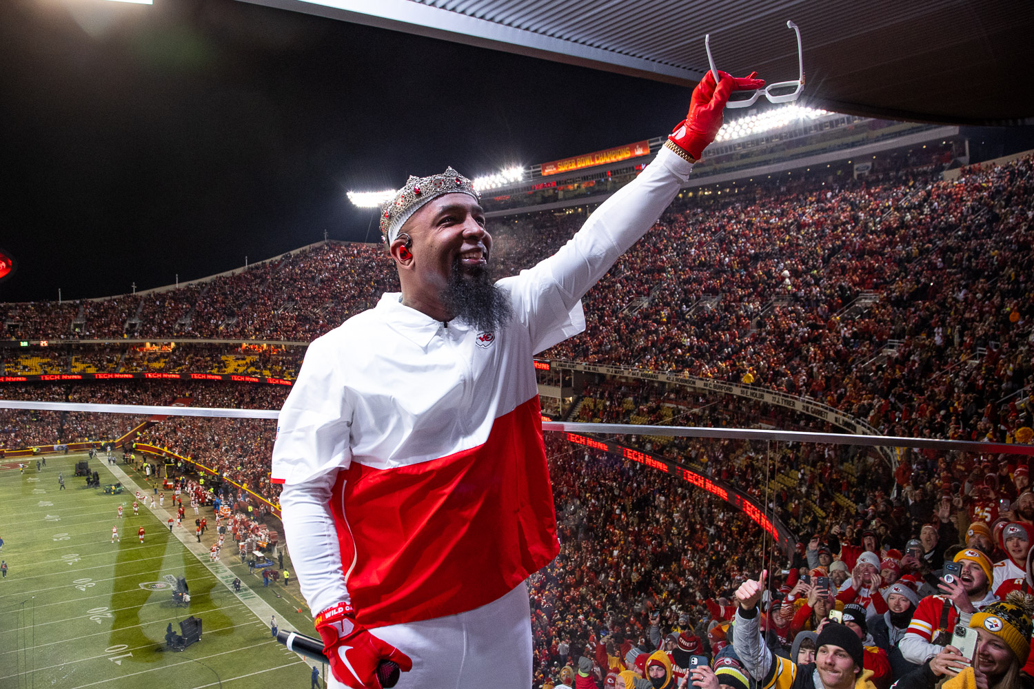 Tech N9ne performing during halftime of the wildcard playoff football game between the Kansas City Chiefs and the Pittsburgh Steelers, Sunday, January 16, 2022 in Kansas City.
