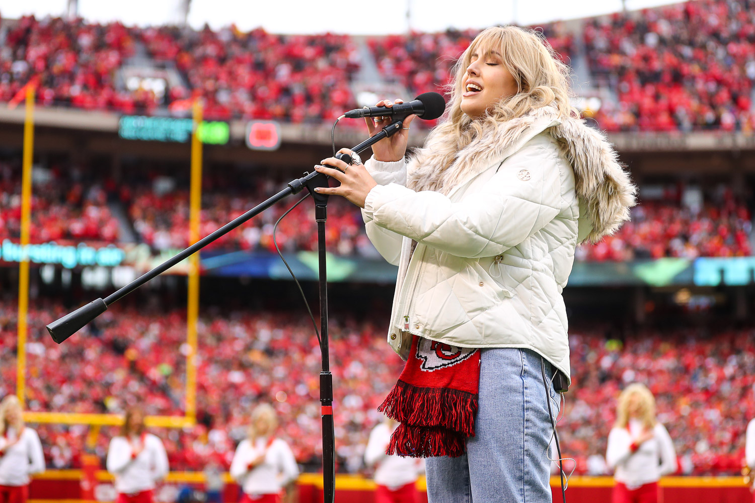 Madelyn Jarmon sings the National Anthem prior to an NFL football game against the Pittsburgh Steelers, Sunday, December 26, 2021 in Kansas City.