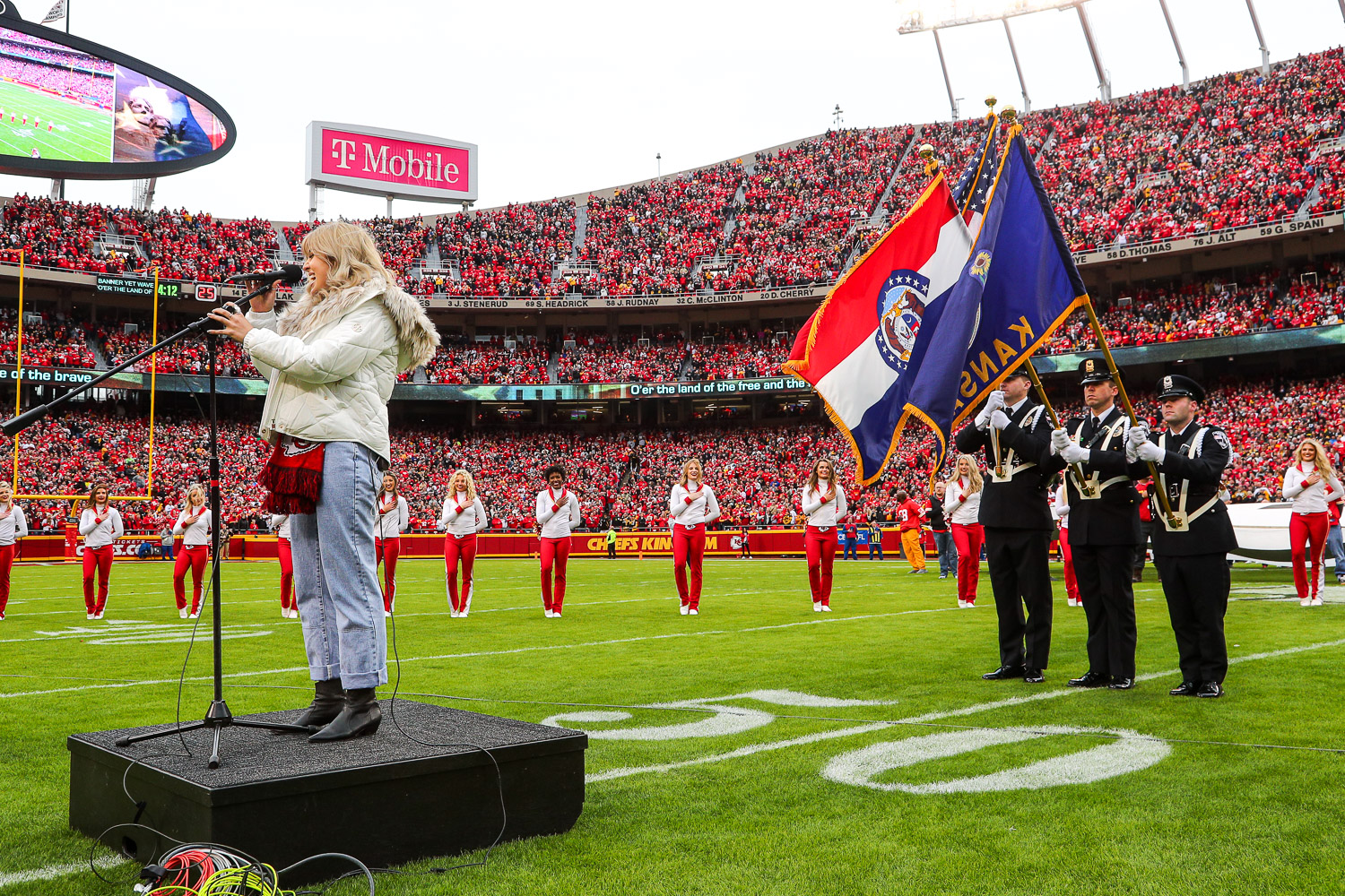 Madelyn Jarmon sings the National Anthem prior to an NFL football game against the Pittsburgh Steelers, Sunday, December 26, 2021 in Kansas City.