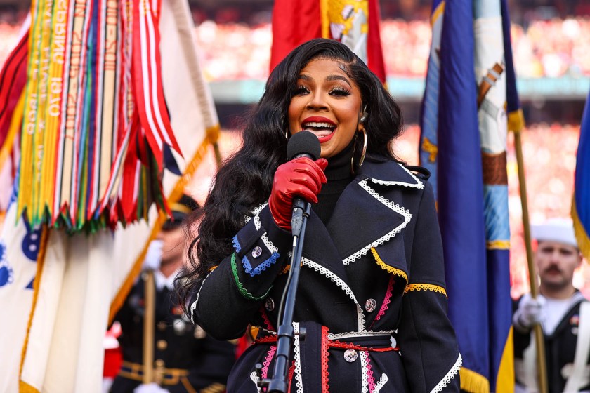 Ashanti singing the National Anthem prior to the AFC Championship football game against the Cincinnati Bengals, Sunday, January 30, 2022 in Kansas City.