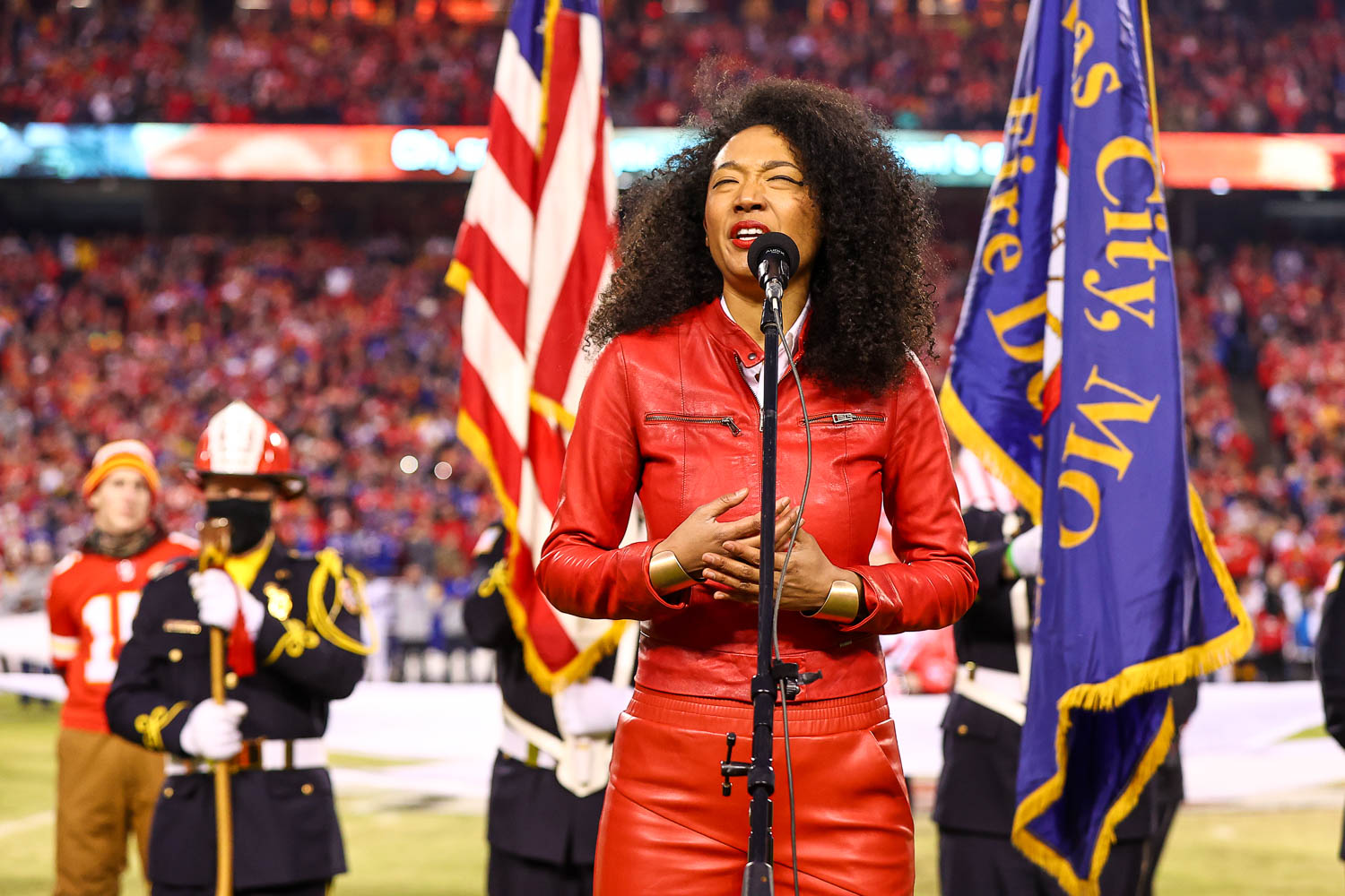 Grammy award winning singer-songwriter Judith Hill singing the National Anthem prior to the divisional playoff football game against the Buffalo Bills, Sunday, January 23, 2022 in Kansas City.