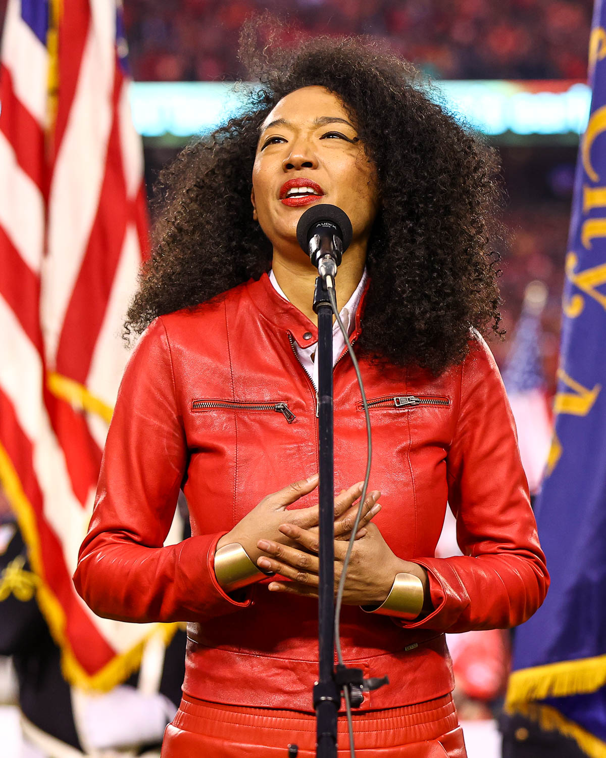 Grammy award winning singer-songwriter Judith Hill singing the National Anthem prior to the divisional playoff football game against the Buffalo Bills, Sunday, January 23, 2022 in Kansas City.