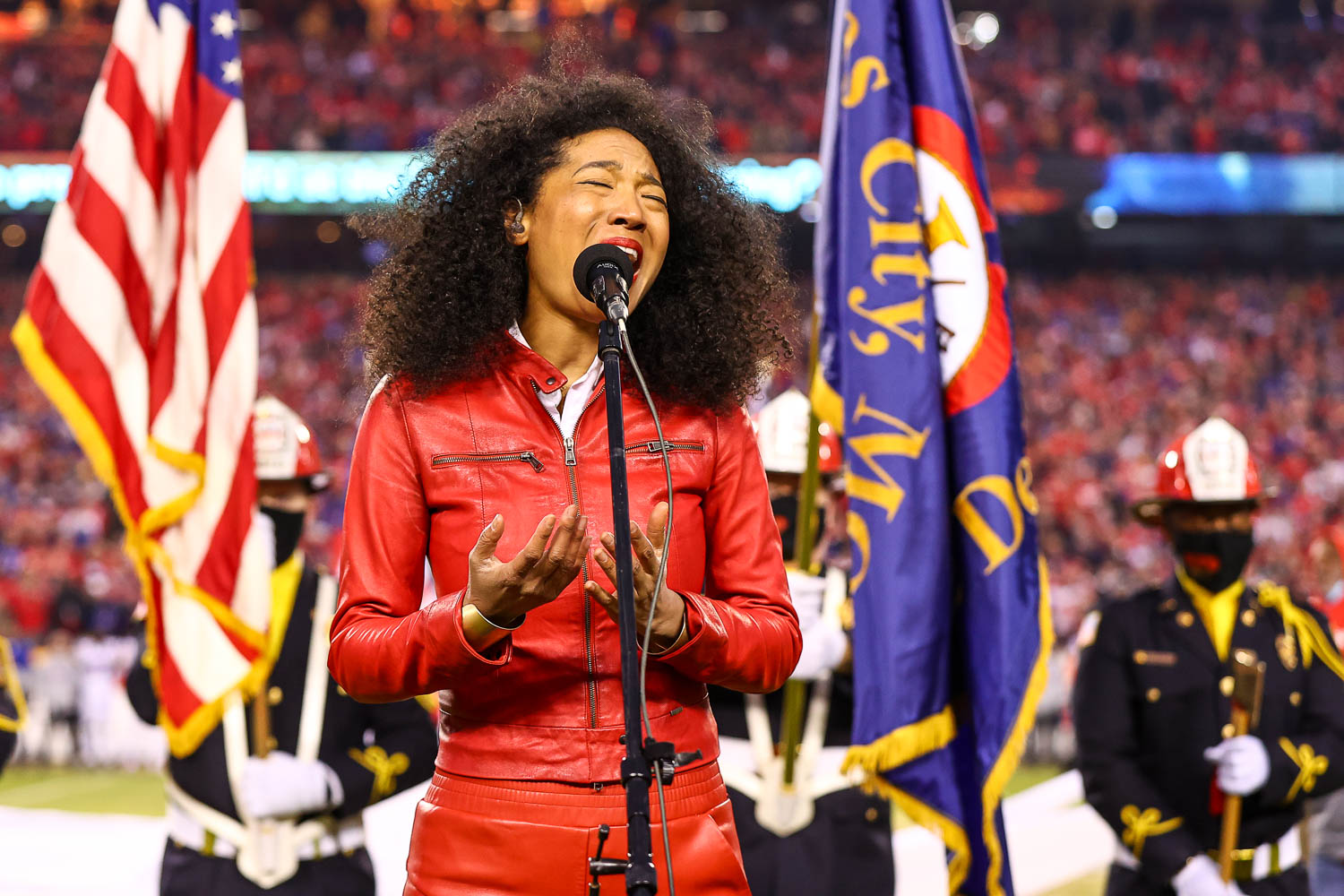 Grammy award winning singer-songwriter Judith Hill singing the National Anthem prior to the divisional playoff football game against the Buffalo Bills, Sunday, January 23, 2022 in Kansas City.