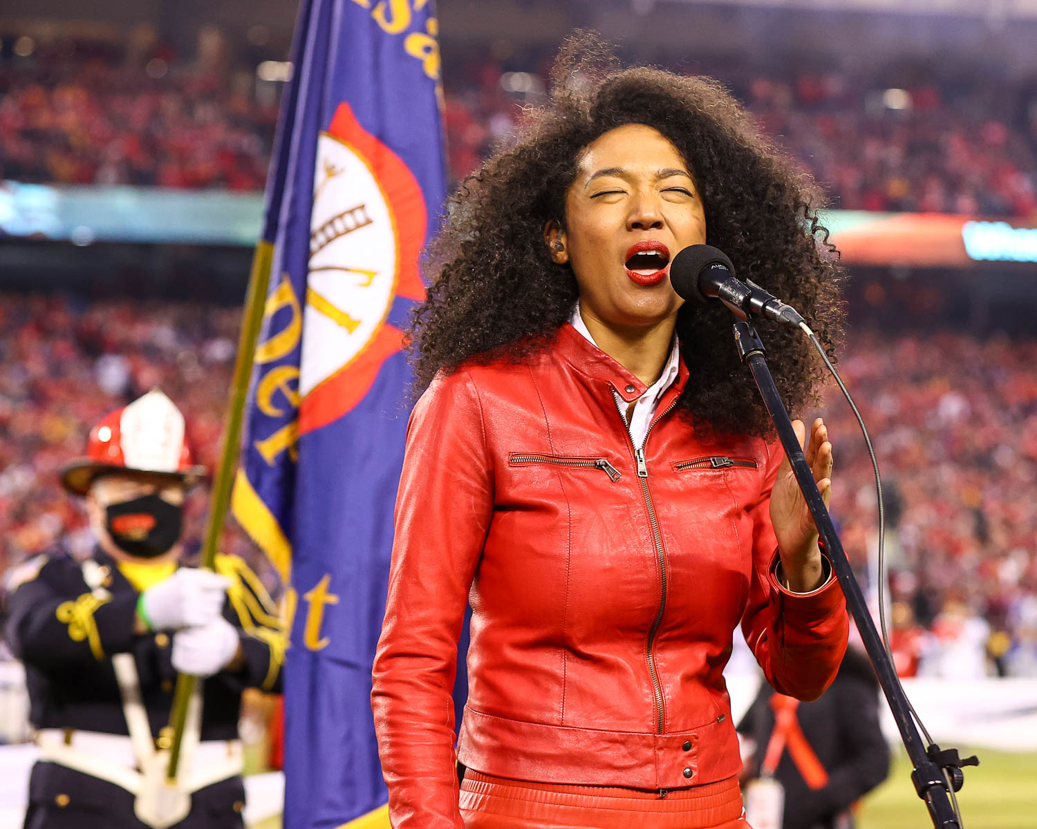 Grammy award winning singer-songwriter Judith Hill singing the National Anthem prior to the divisional playoff football game against the Buffalo Bills, Sunday, January 23, 2022 in Kansas City.