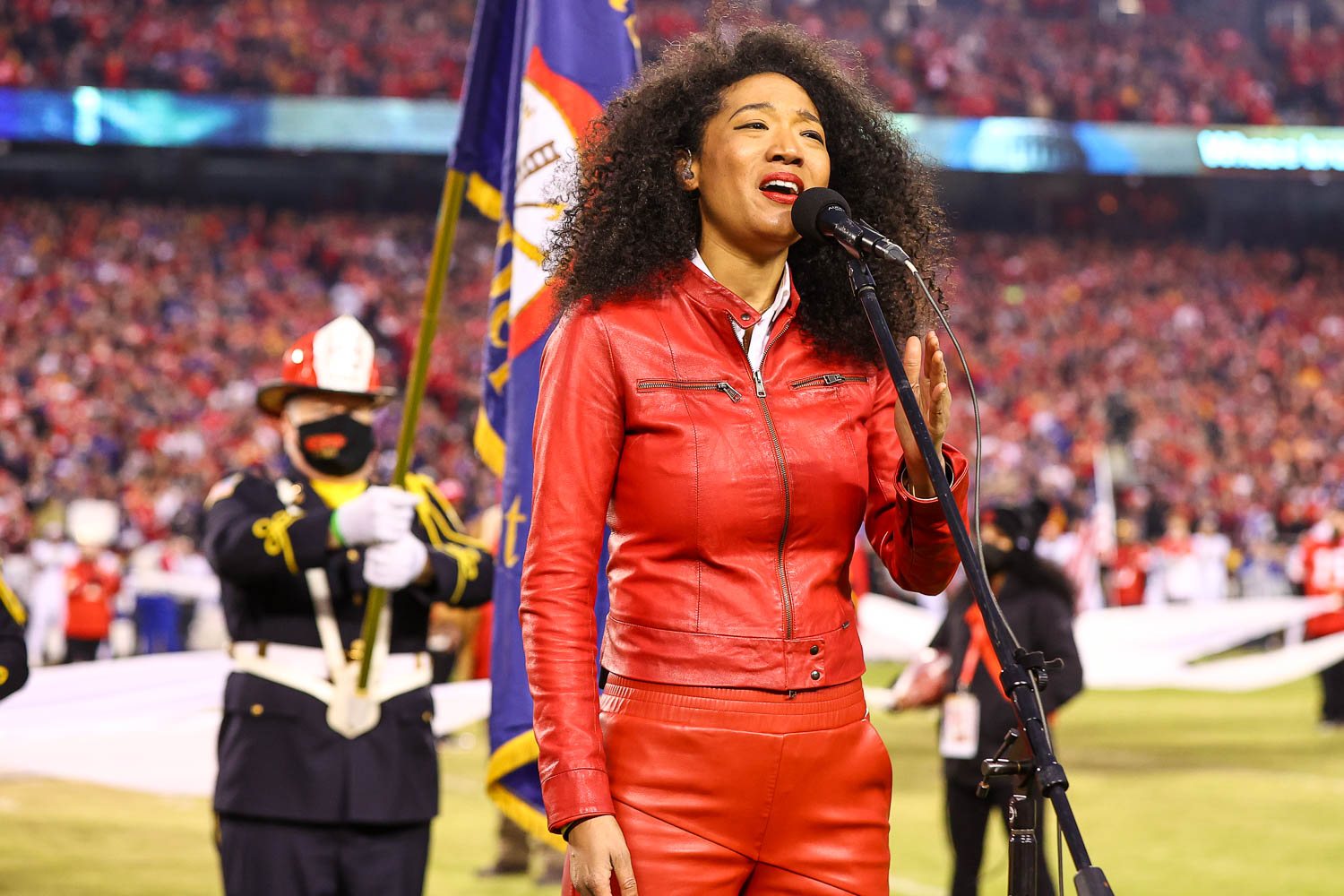 Grammy award winning singer-songwriter Judith Hill singing the National Anthem prior to the divisional playoff football game against the Buffalo Bills, Sunday, January 23, 2022 in Kansas City.