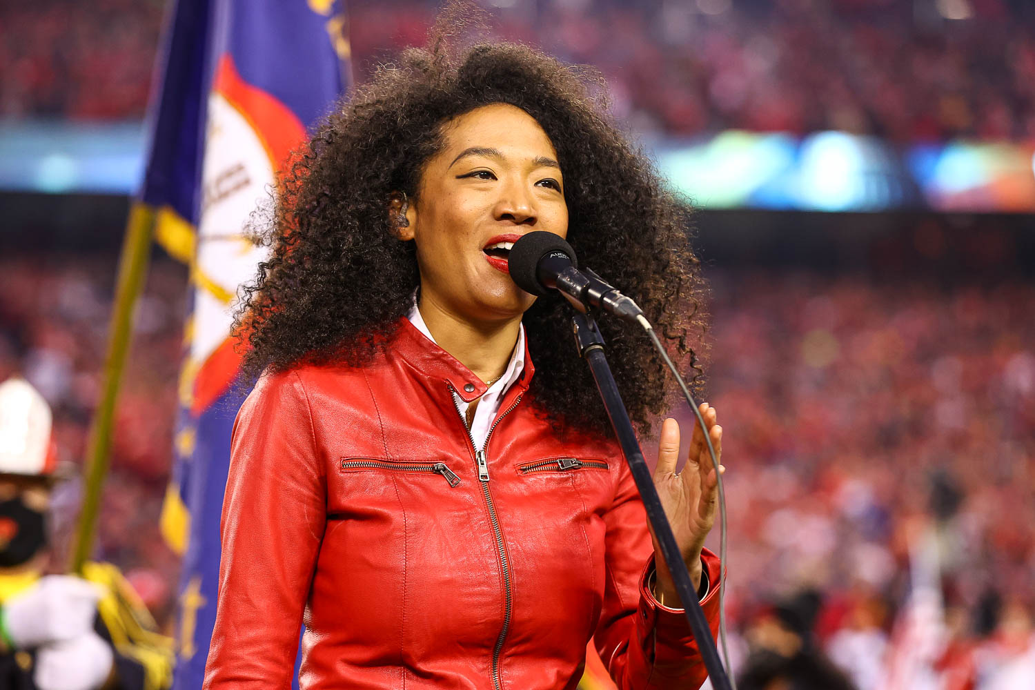 Grammy award winning singer-songwriter Judith Hill singing the National Anthem prior to the divisional playoff football game against the Buffalo Bills, Sunday, January 23, 2022 in Kansas City.