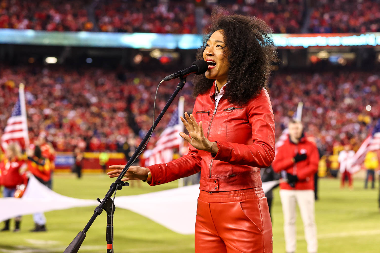 Grammy award winning singer-songwriter Judith Hill singing the National Anthem prior to the divisional playoff football game against the Buffalo Bills, Sunday, January 23, 2022 in Kansas City.