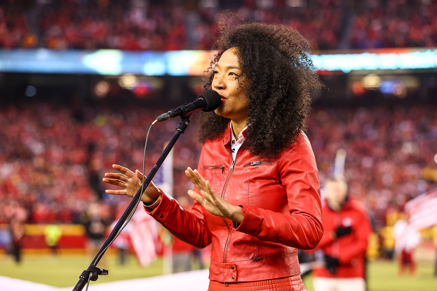 Grammy award winning singer-songwriter Judith Hill singing the National Anthem prior to the divisional playoff football game against the Buffalo Bills, Sunday, January 23, 2022 in Kansas City.