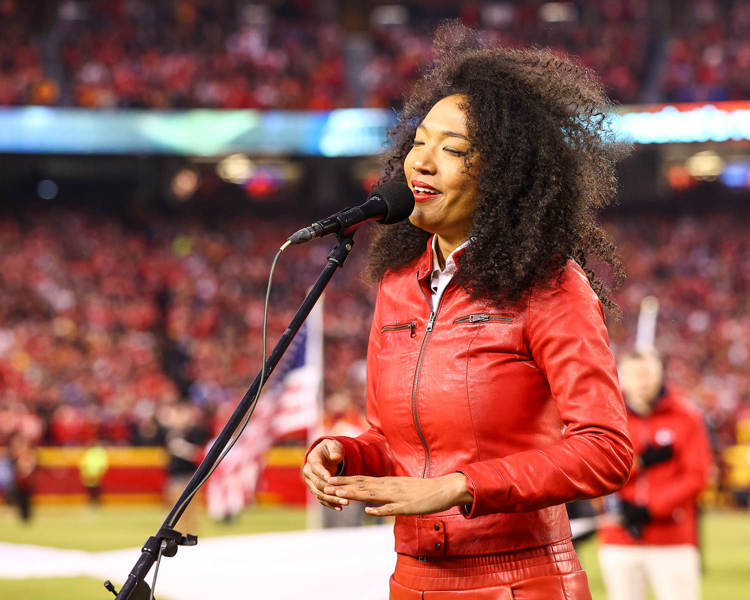 Grammy award winning singer-songwriter Judith Hill singing the National Anthem prior to the divisional playoff football game against the Buffalo Bills, Sunday, January 23, 2022 in Kansas City.