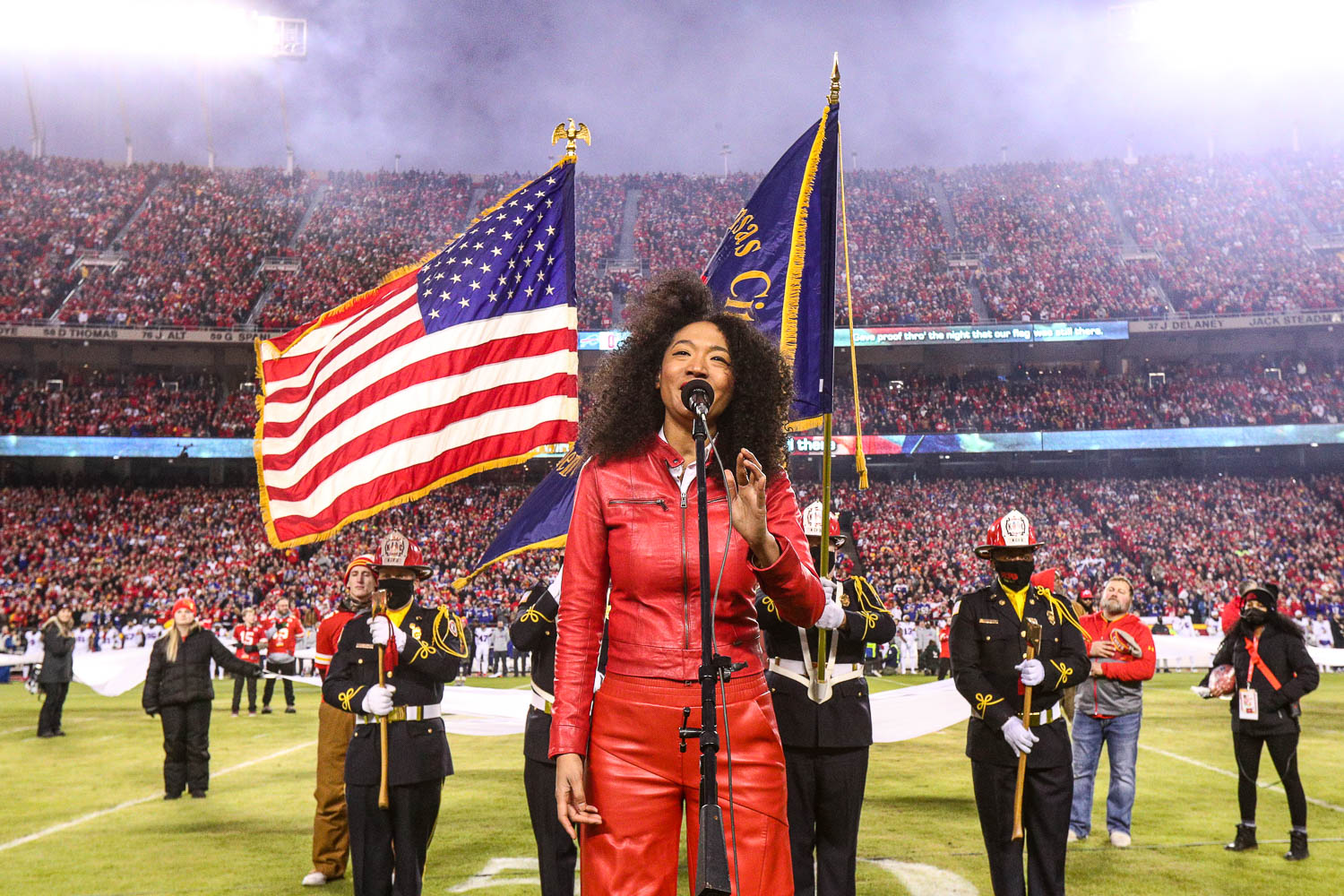 Grammy award winning singer-songwriter Judith Hill singing the National Anthem prior to the divisional playoff football game against the Buffalo Bills, Sunday, January 23, 2022 in Kansas City.