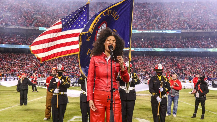 Grammy award winning singer-songwriter Judith Hill singing the National Anthem prior to the divisional playoff football game against the Buffalo Bills, Sunday, January 23, 2022 in Kansas City.