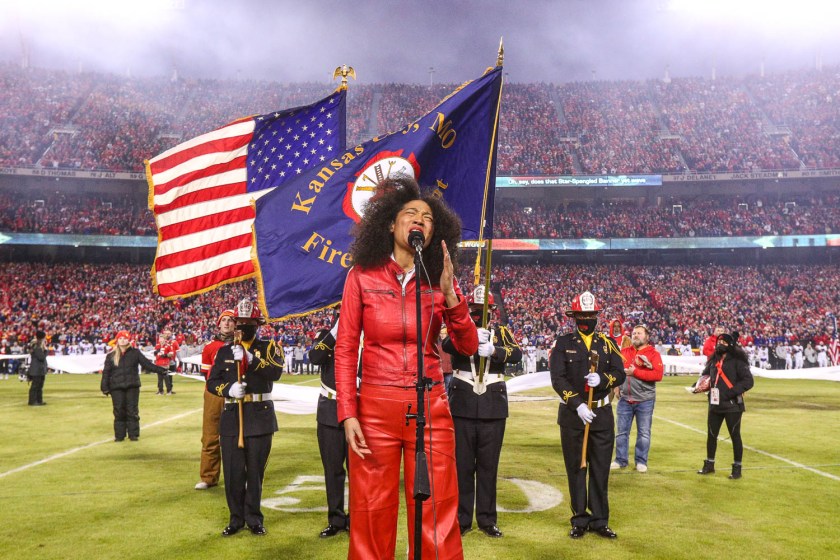 Grammy award winning singer-songwriter Judith Hill singing the National Anthem prior to the divisional playoff football game against the Buffalo Bills, Sunday, January 23, 2022 in Kansas City.