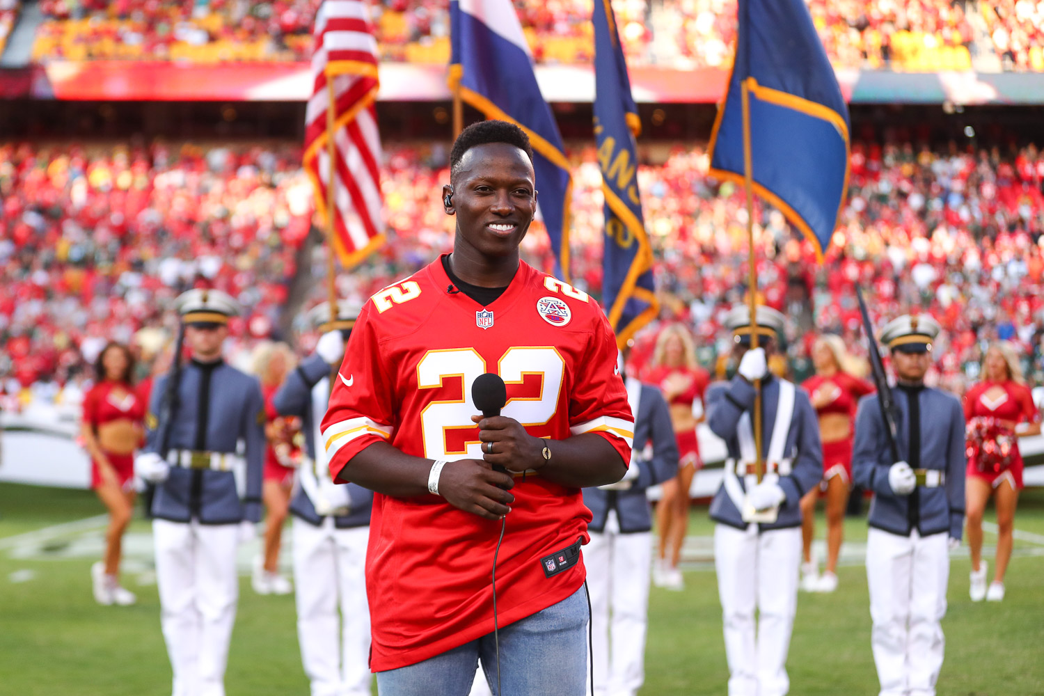 Nashville recording artist Brian Nhira singing the National Anthem prior to an NFL preseason football game against the Green Bay Packers, Thursday, August 25, 2022 in Kansas City.