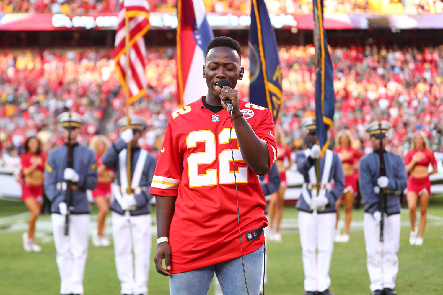 Nashville recording artist Brian Nhira singing the National Anthem prior to an NFL preseason football game against the Green Bay Packers, Thursday, August 25, 2022 in Kansas City.