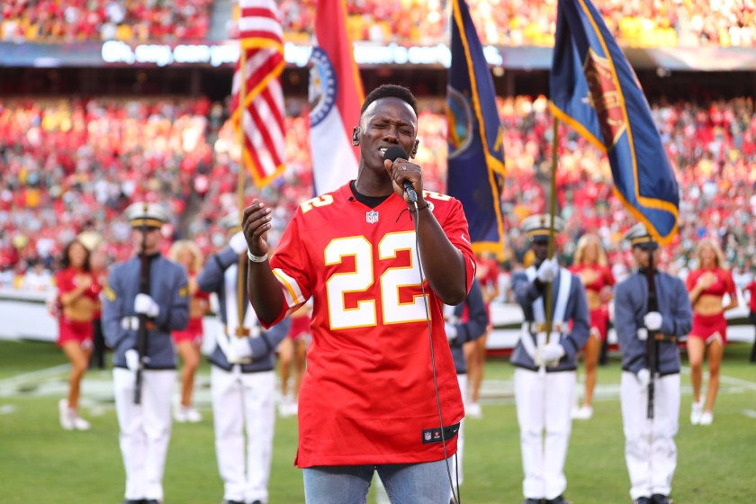 Nashville recording artist Brian Nhira singing the National Anthem prior to an NFL preseason football game against the Green Bay Packers, Thursday, August 25, 2022 in Kansas City.