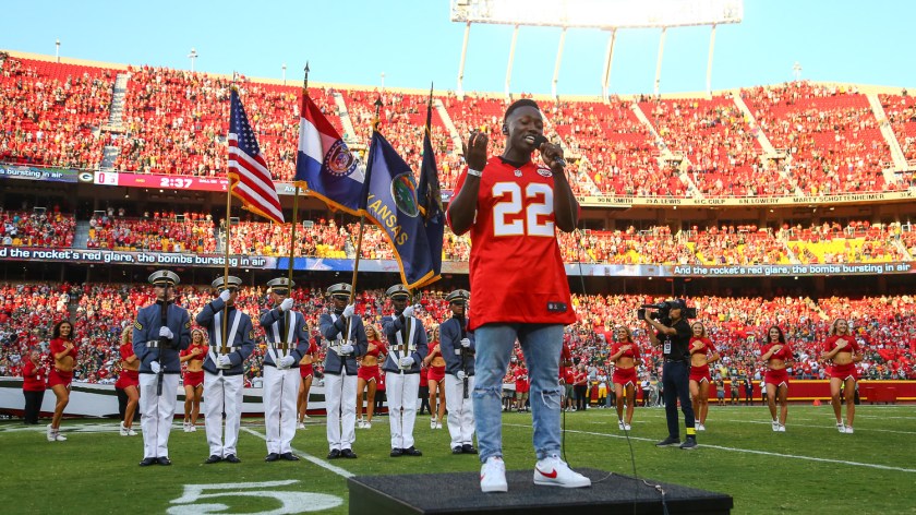 Nashville recording artist Brian Nhira singing the National Anthem prior to an NFL preseason football game against the Green Bay Packers, Thursday, August 25, 2022 in Kansas City.