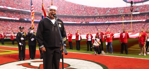 Retired Navy Petty Officer 1st Class Generald Wilson singing the National Anthem prior to an NFL football game against the Los Angeles Chargers, Thursday, September 15, 2022 in Kansas City.