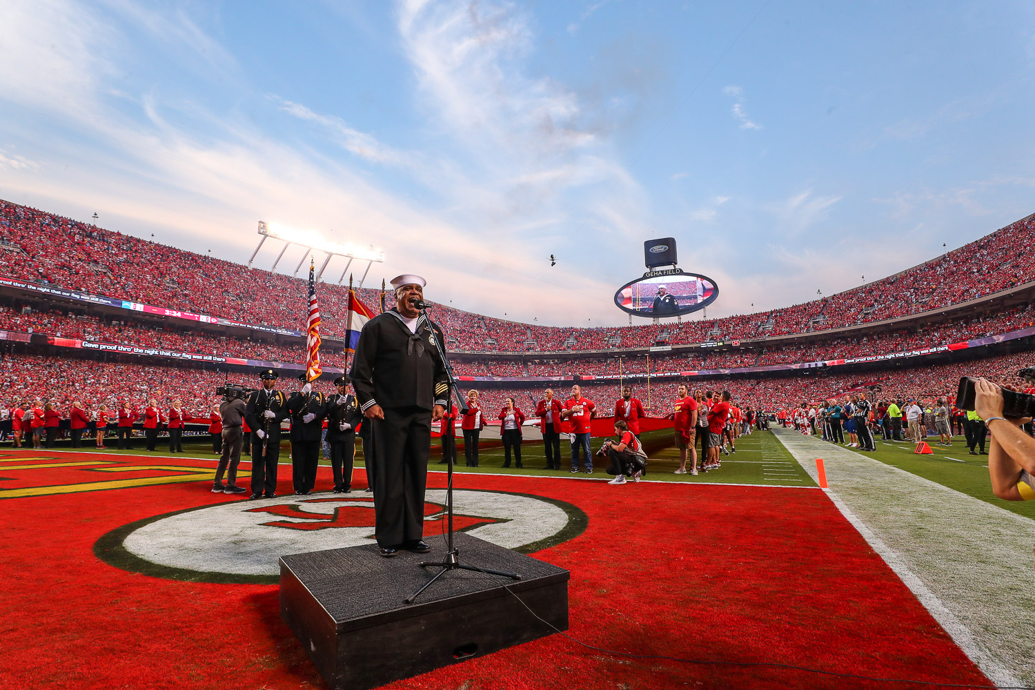 Retired Navy Petty Officer 1st Class Generald Wilson singing the National Anthem prior to an NFL football game against the Los Angeles Chargers, Thursday, September 15, 2022 in Kansas City.