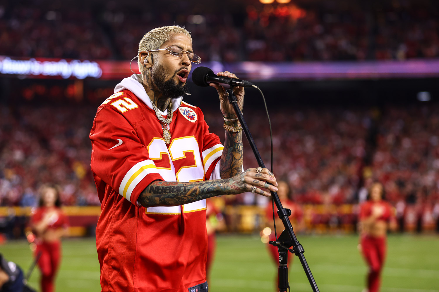 National recording artist David Correy singing the national anthem prior to an NFL football game against the Tennessee Titans, Sunday, November 6, 2022 in Kansas City.