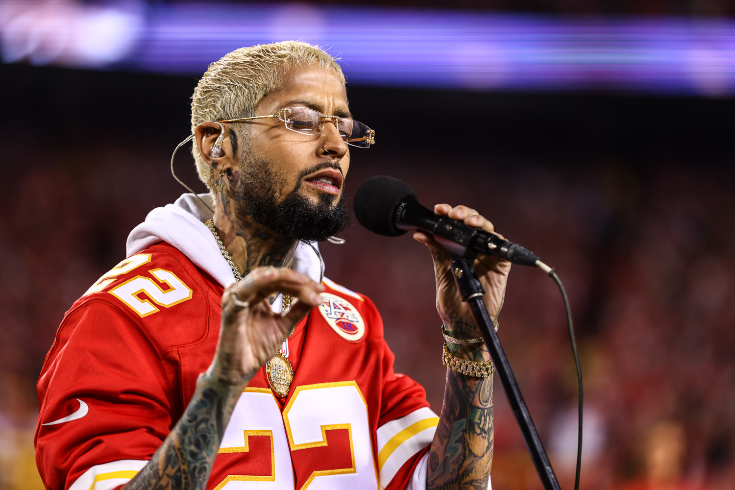 National recording artist David Correy singing the national anthem prior to an NFL football game against the Tennessee Titans, Sunday, November 6, 2022 in Kansas City.
