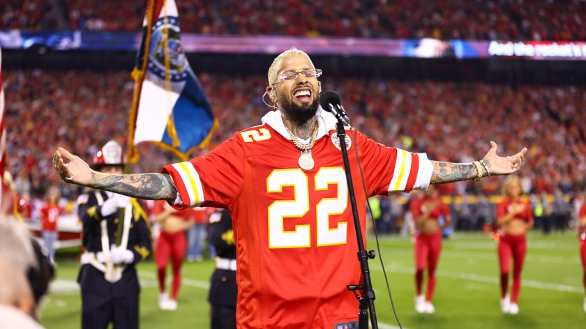National recording artist David Correy singing the national anthem prior to an NFL football game against the Tennessee Titans, Sunday, November 6, 2022 in Kansas City.
