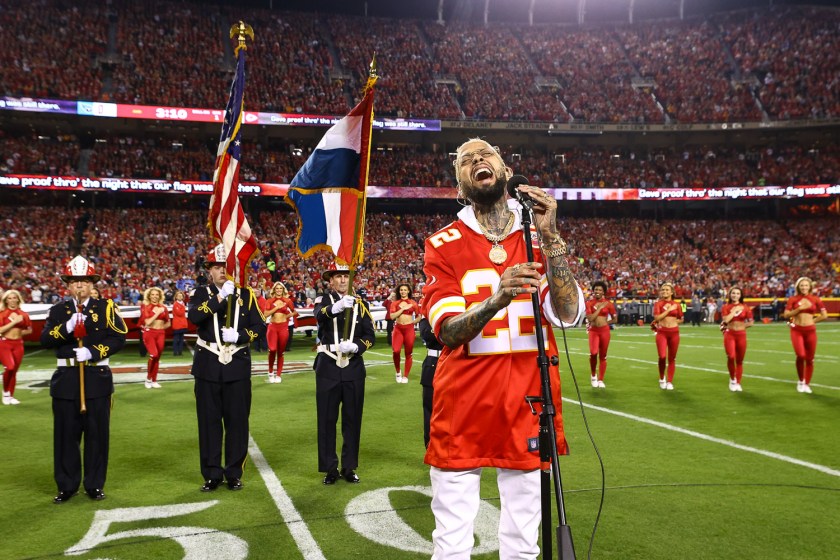 National recording artist David Correy singing the national anthem prior to an NFL football game against the Tennessee Titans, Sunday, November 6, 2022 in Kansas City.