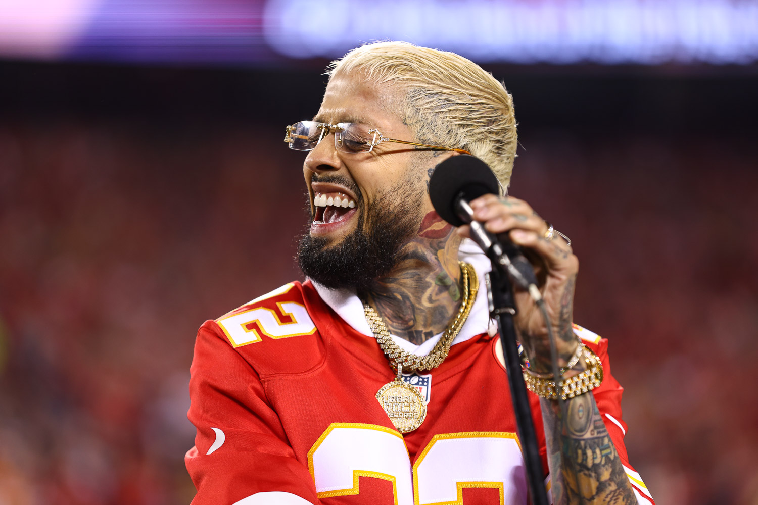 National recording artist David Correy singing the national anthem prior to an NFL football game against the Tennessee Titans, Sunday, November 6, 2022 in Kansas City.