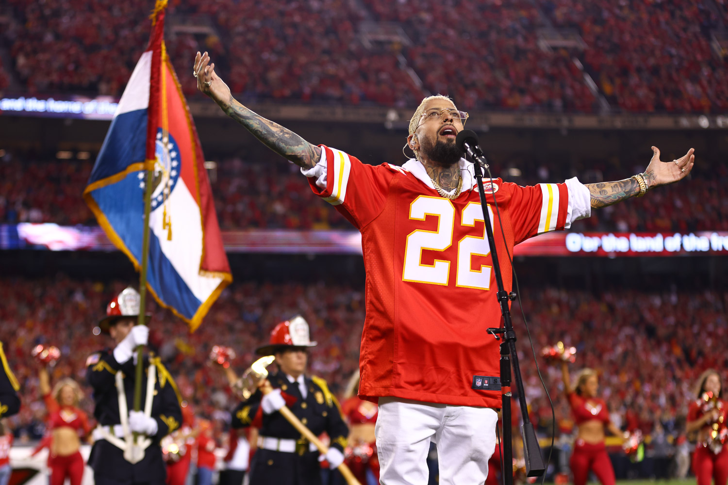 National recording artist David Correy singing the national anthem prior to an NFL football game against the Tennessee Titans, Sunday, November 6, 2022 in Kansas City.