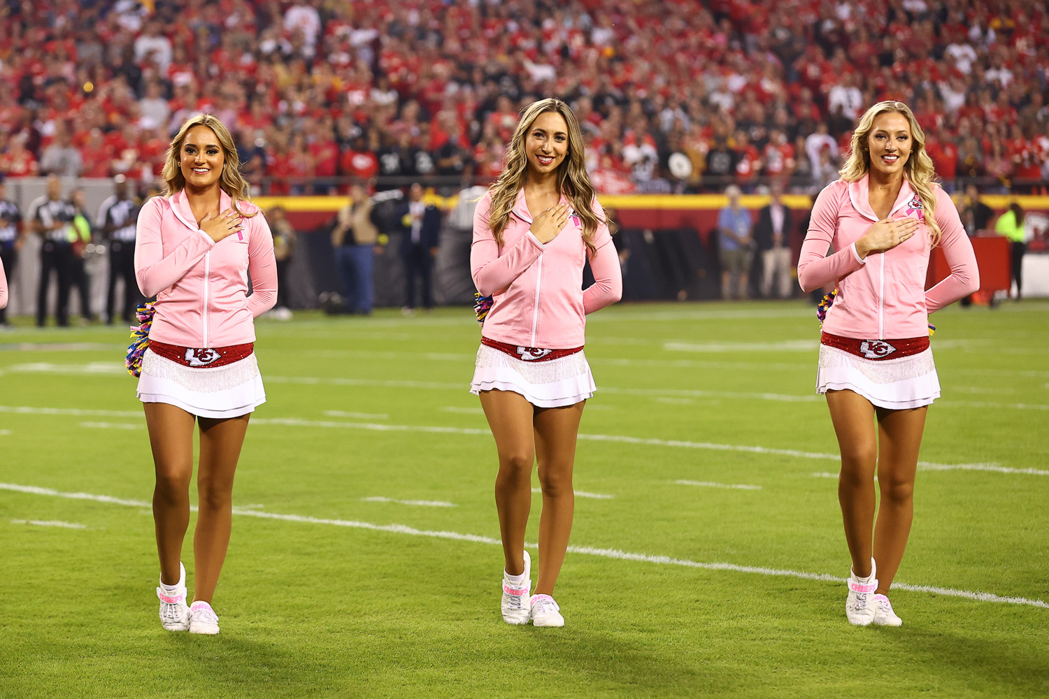 GRAMMY winning artist Erica Campbell singing the National Anthem prior to an NFL football game against the Las Vegas Raiders, Monday, October 10, 2022 in Kansas City.