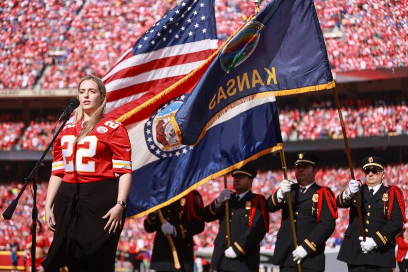 Grace Kinstler singing the National Anthem prior to an NFL football game against the Buffalo Bills, Sunday, October 16, 2022 in Kansas City.