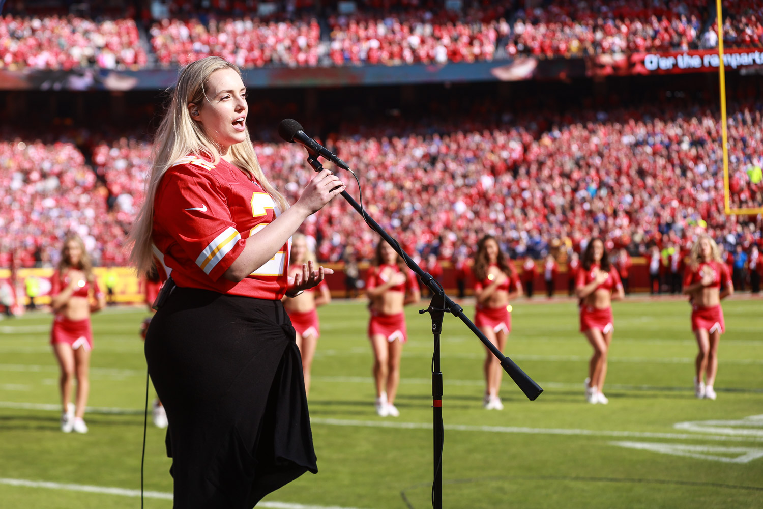 Grace Kinstler singing the National Anthem prior to an NFL football game against the Buffalo Bills, Sunday, October 16, 2022 in Kansas City.
