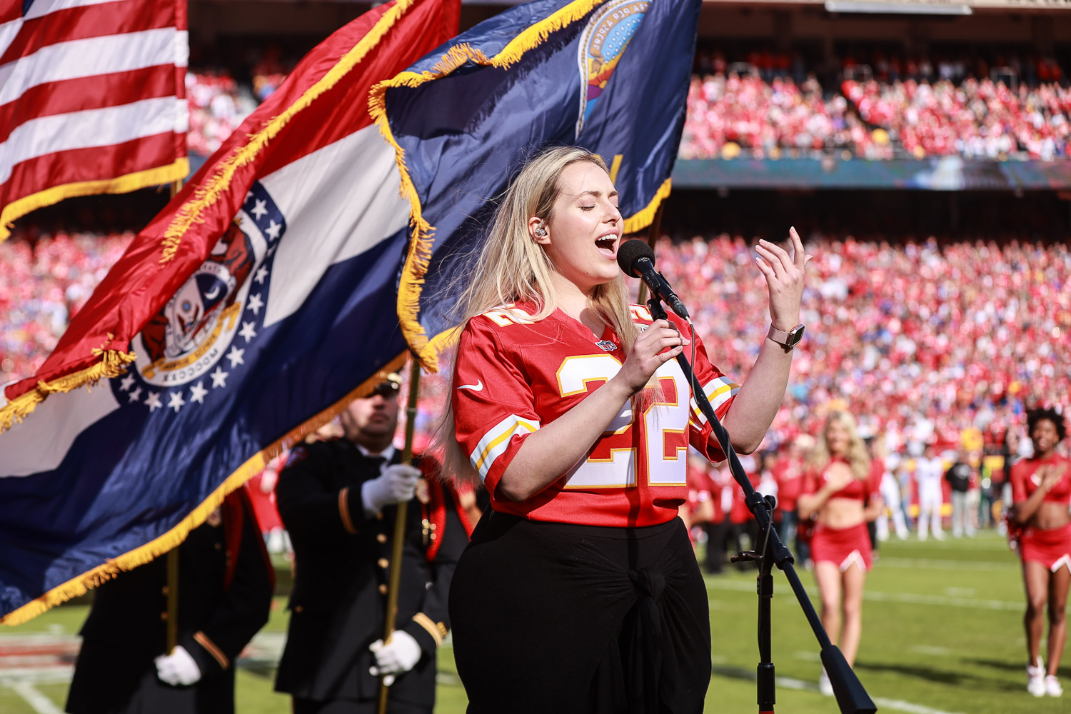 Grace Kinstler singing the National Anthem prior to an NFL football game against the Buffalo Bills, Sunday, October 16, 2022 in Kansas City.