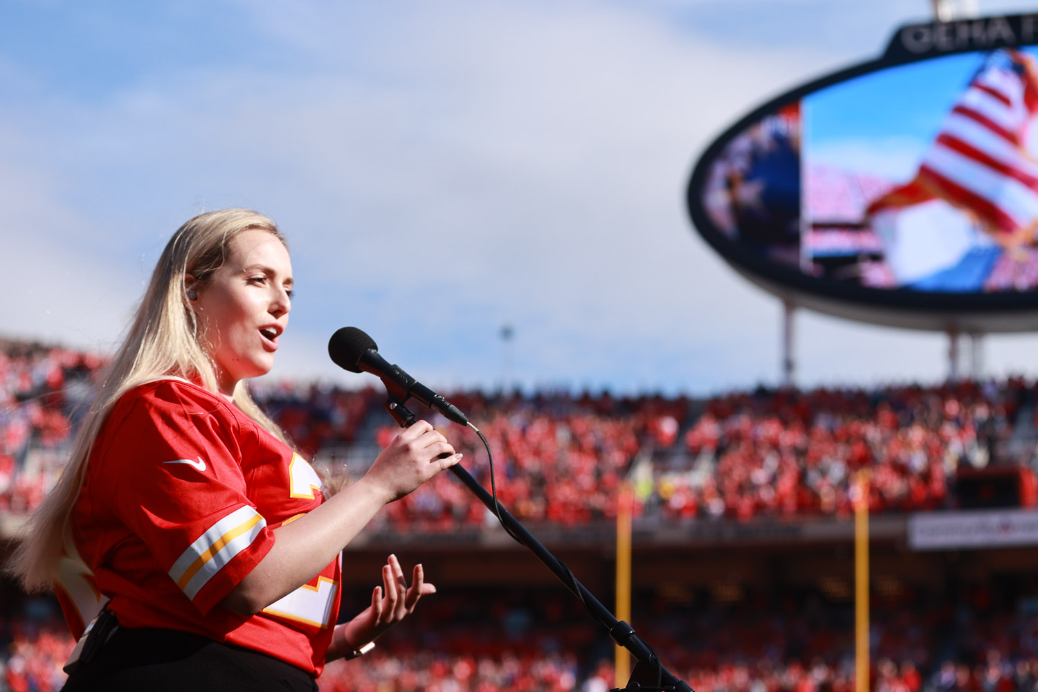 Grace Kinstler singing the National Anthem prior to an NFL football game against the Buffalo Bills, Sunday, October 16, 2022 in Kansas City.