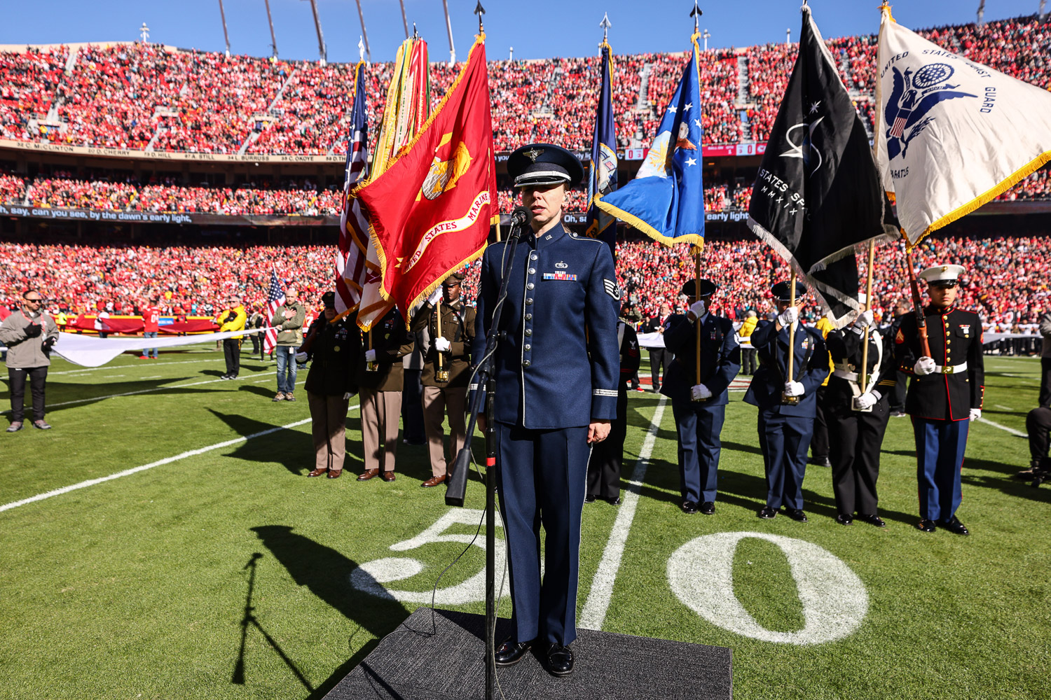 United States Air Force Staff Sergeant Melissa Griffith sings the national anthem prior to an NFL football game against the Jacksonville Jaguars, Sunday, November 13, 2022 in Kansas City.